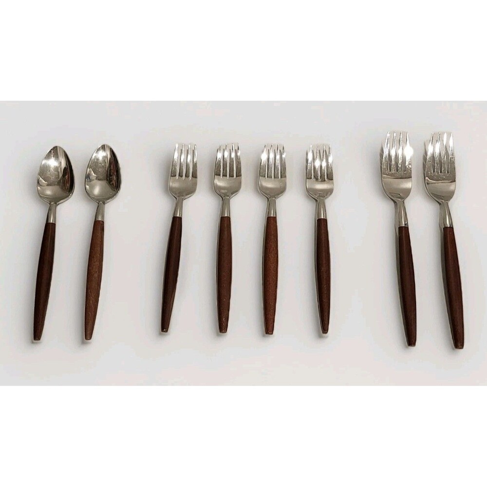 Vintage MCM American Tempo Flatware [8 Pieces] Japan Stainless w/Faux Wood
